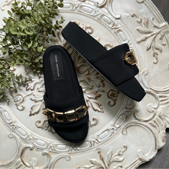 Good American Black and Gold Chain Slide Sandals - Picture 10 of 10